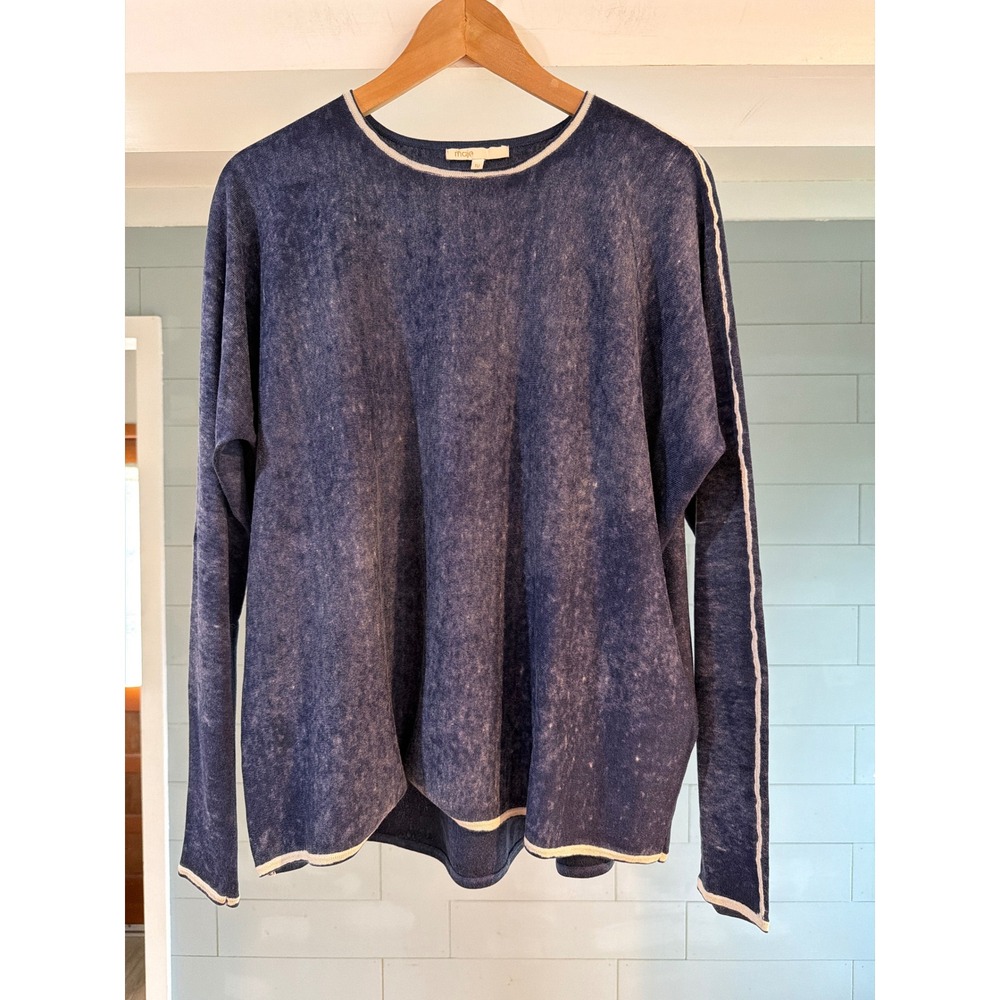 Maje Silk Cotton Cashmere Knit Top Blue Acid Wash Contrast Trim Size TU